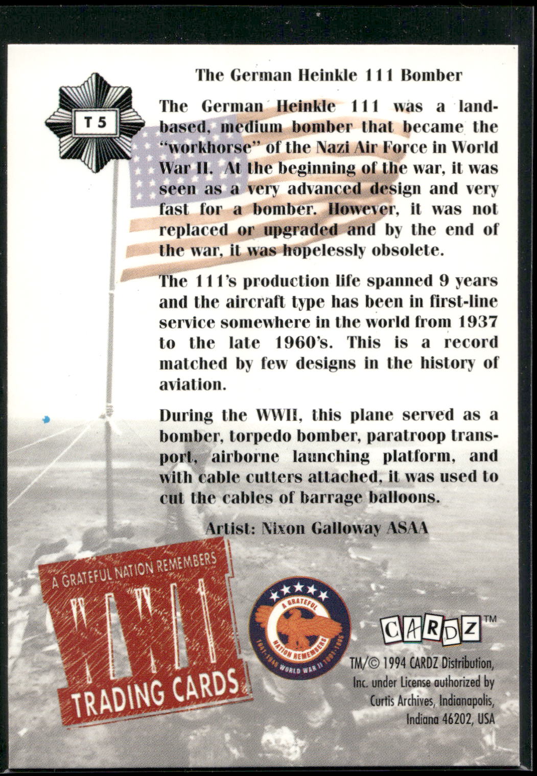1994 Cardz World War II #T5 German Heinkle III Bomber Tekchrome