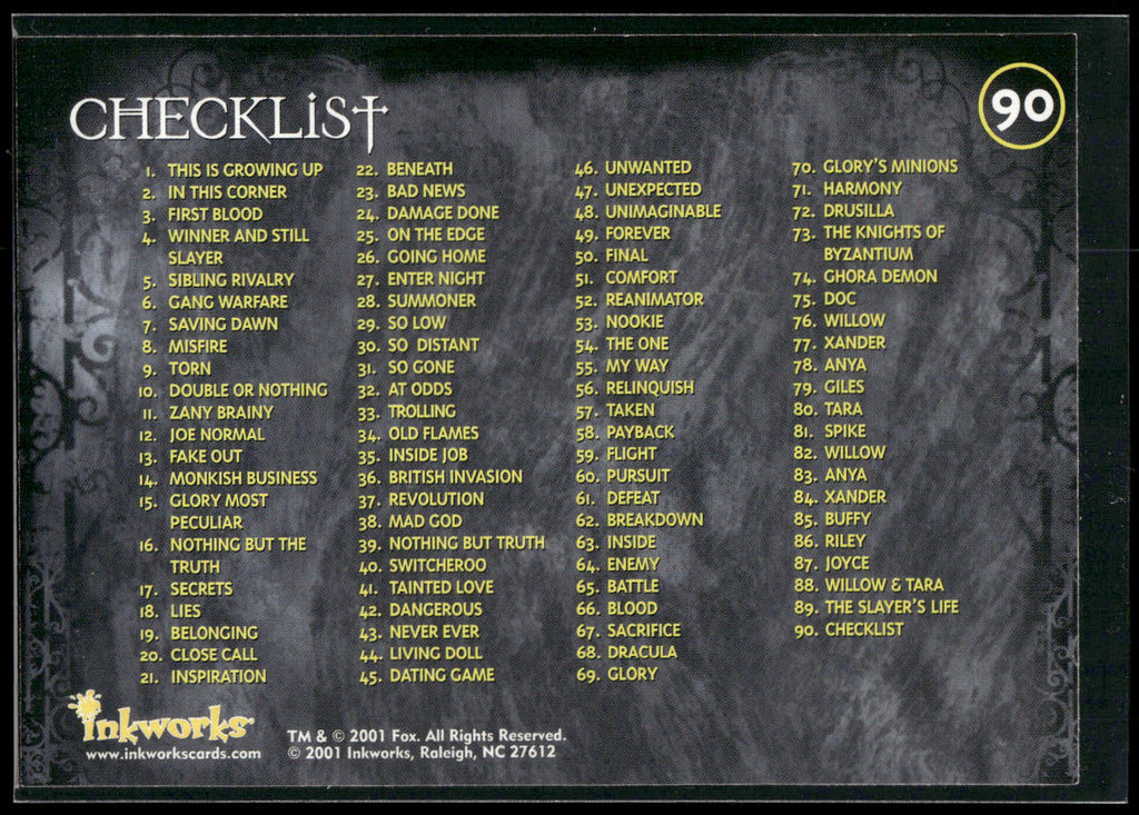 2001 Inkworks Buffy the Vampire Slayer Season 5 #90 Checklist