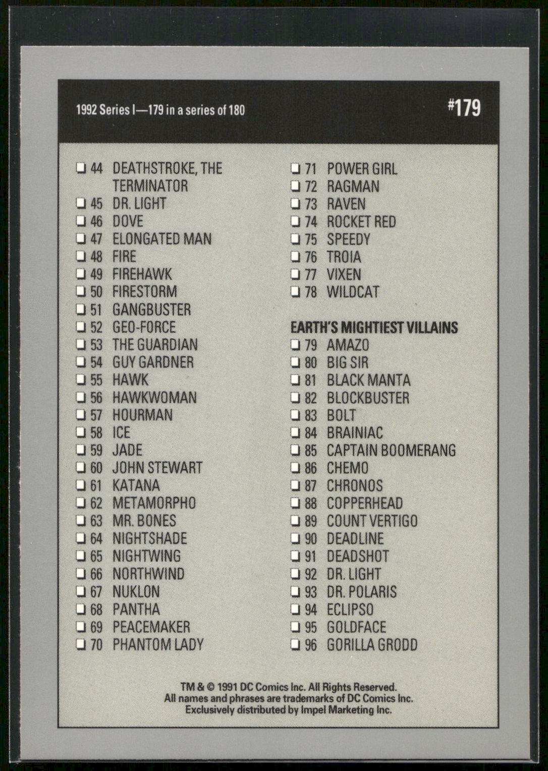 1992 Impel DC Cosmic #179 Checklist
