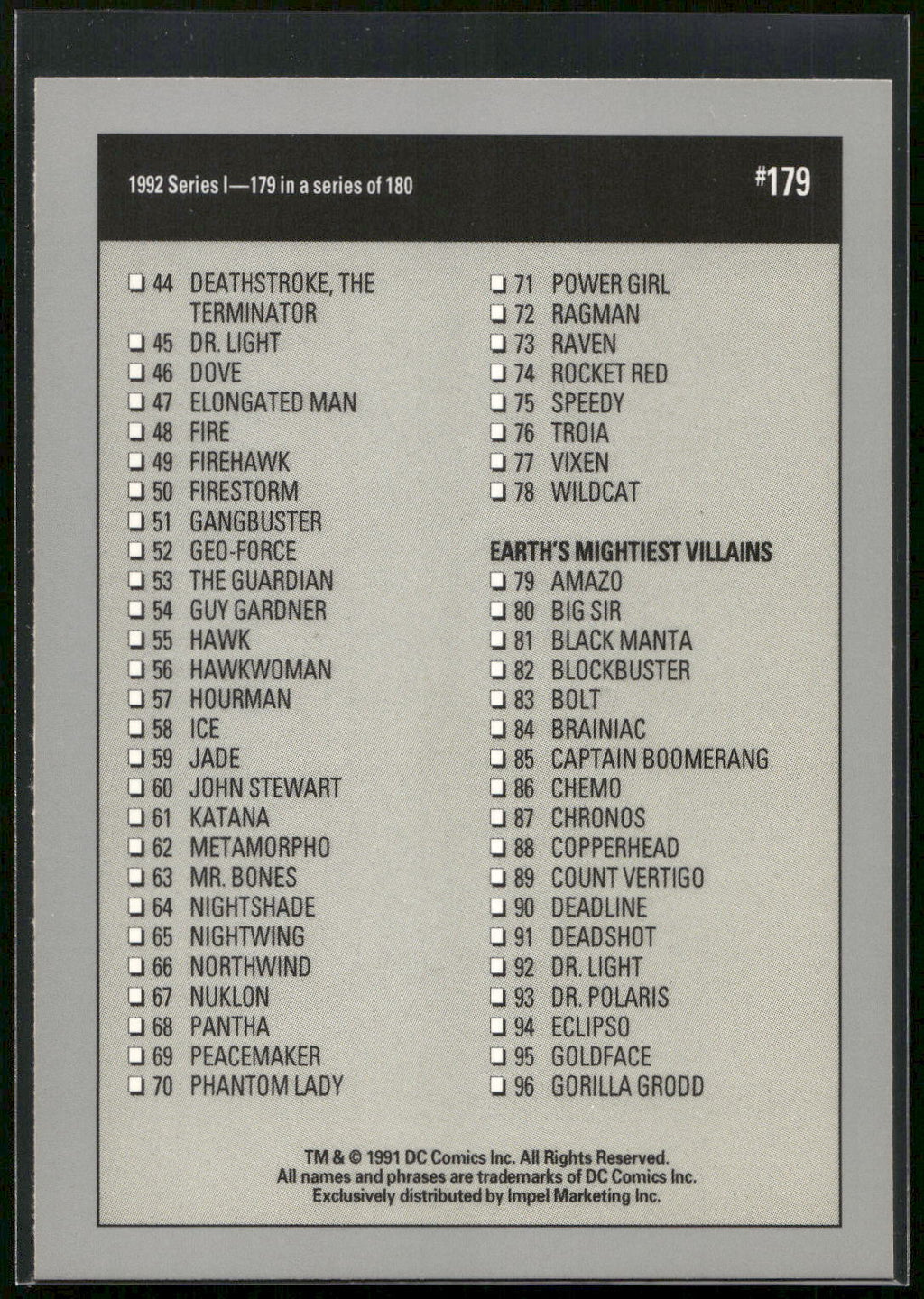 1992 Impel DC Cosmic #179 Checklist