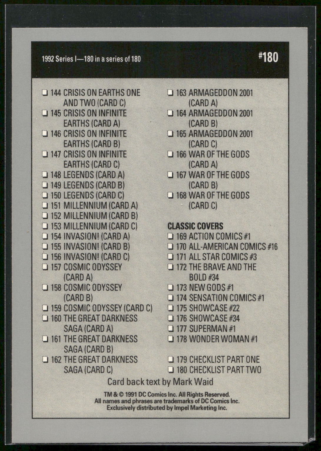 1992 Impel DC Cosmic #180 Checklist