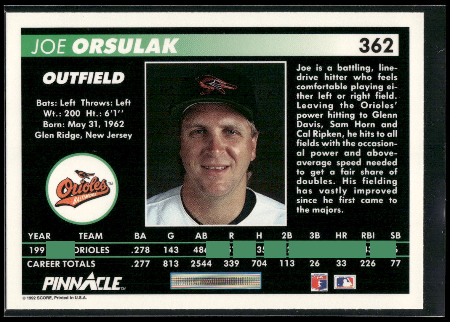 1992 Pinnacle #362 Joe Orsulak