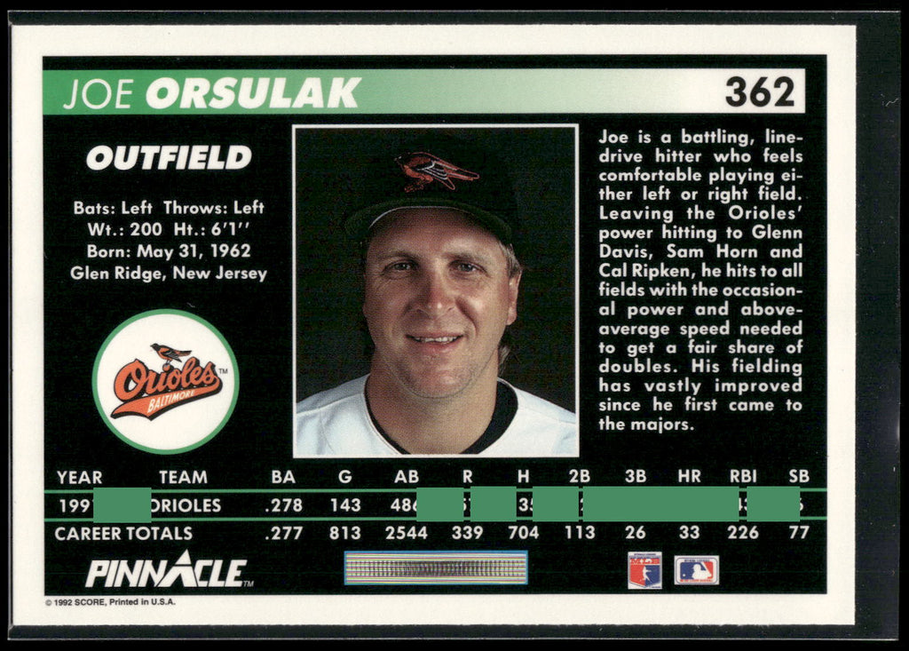 1992 Pinnacle #362 Joe Orsulak