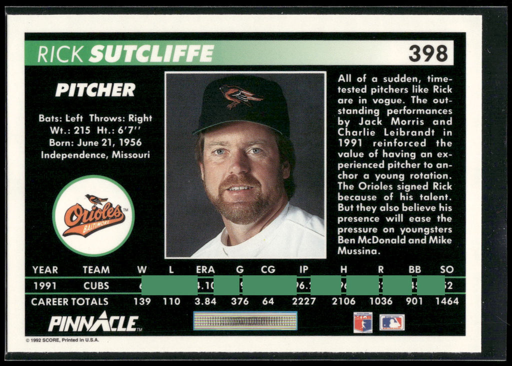 1992 Pinnacle #398 Rick Sutcliffe