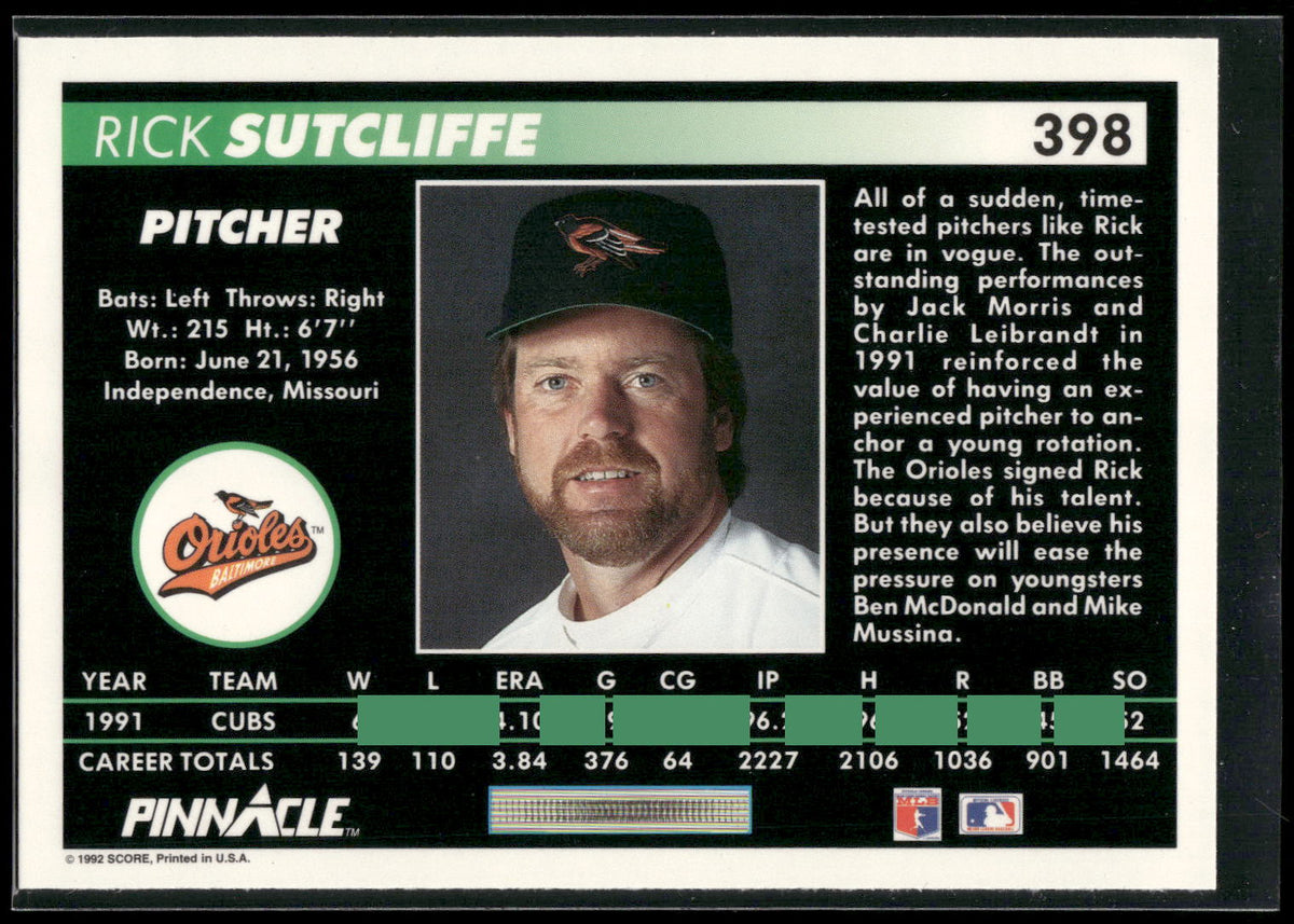 1992 Pinnacle #398 Rick Sutcliffe