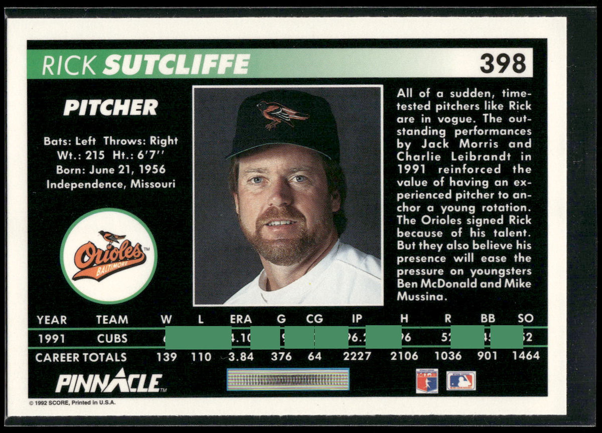 1992 Pinnacle #398 Rick Sutcliffe