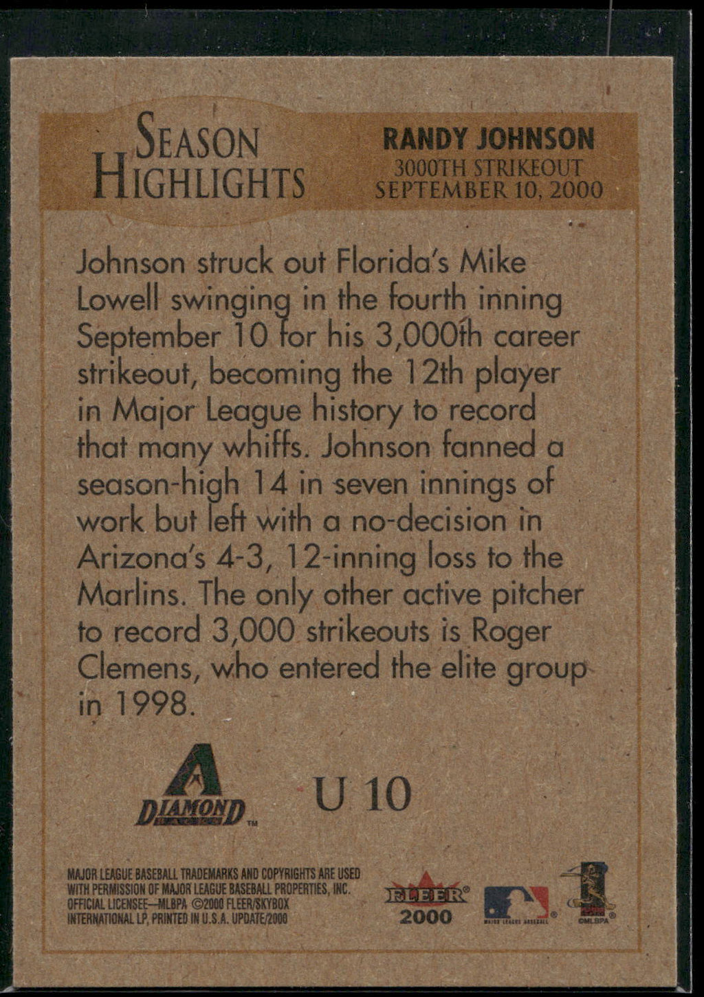 2000 Fleer Tradition Update #U10 Randy Johnson