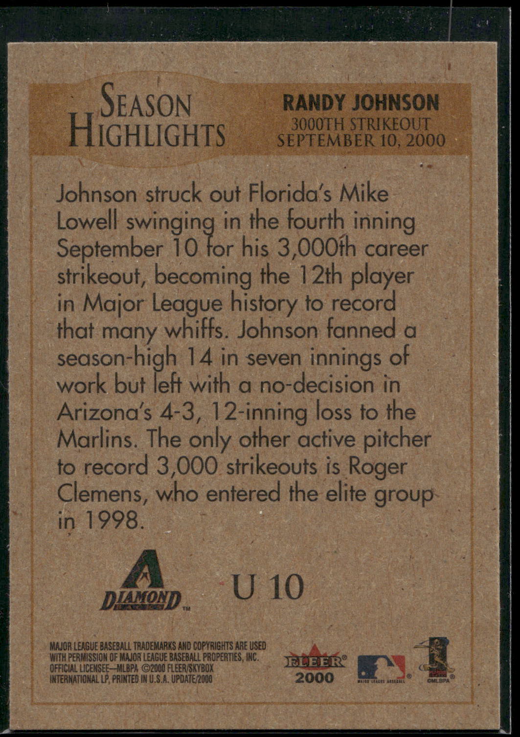 2000 Fleer Tradition Update #U10 Randy Johnson