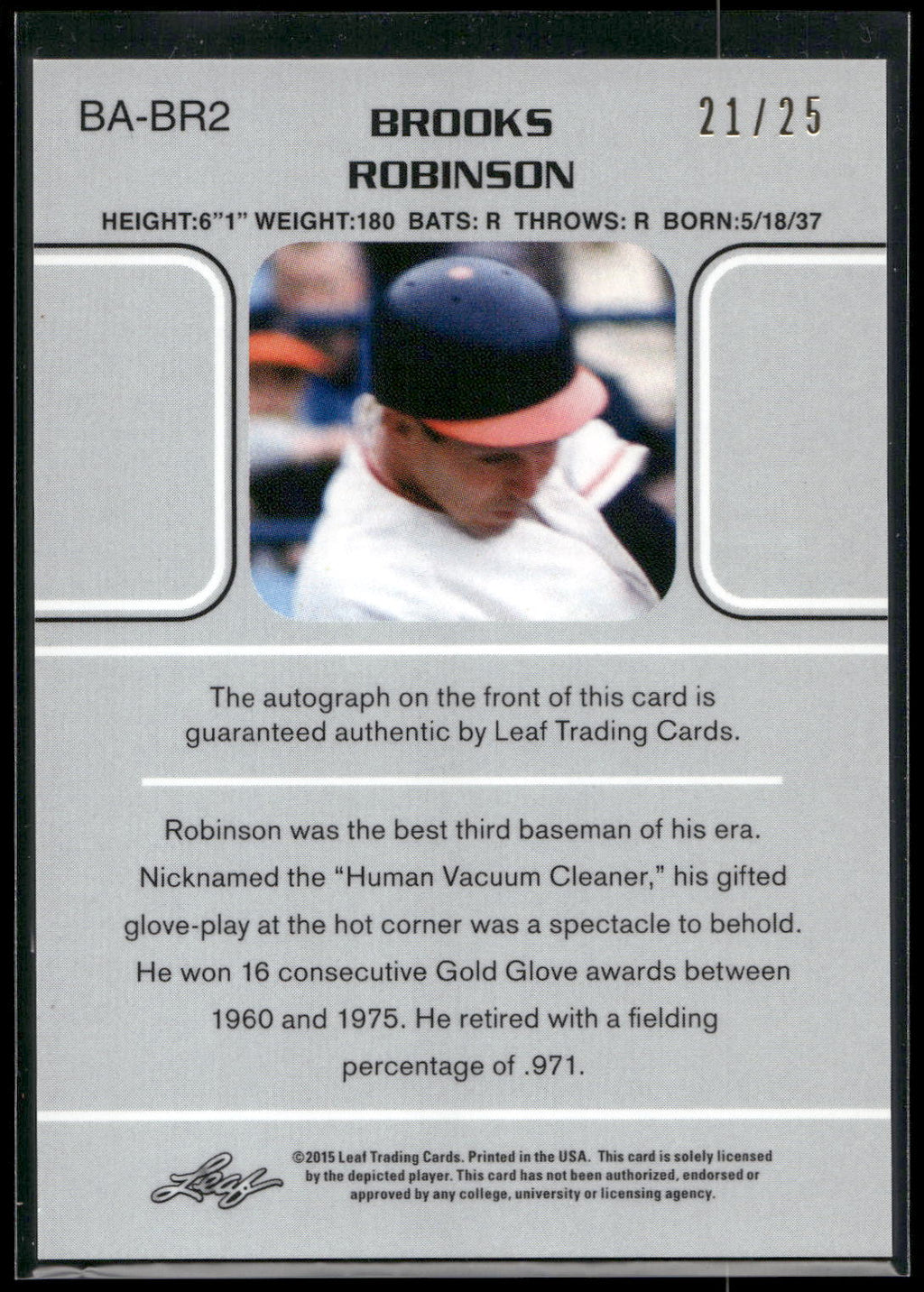 2015 Leaf 25th Baseball #BA-BR2 Brooks Robinson