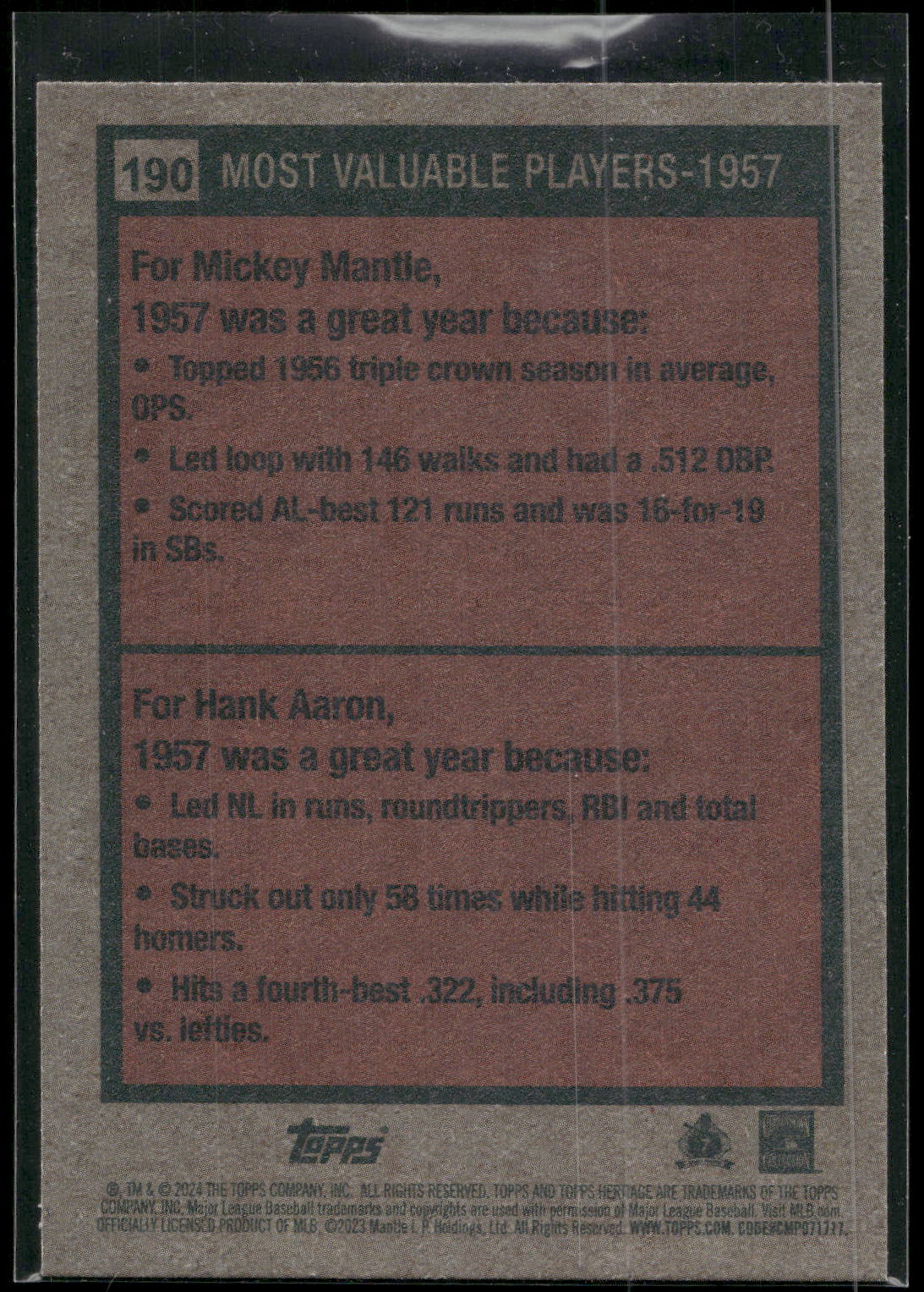 2024 Topps Heritage #190 1957 MVPs (Mickey Mantle / Hank Aaron)