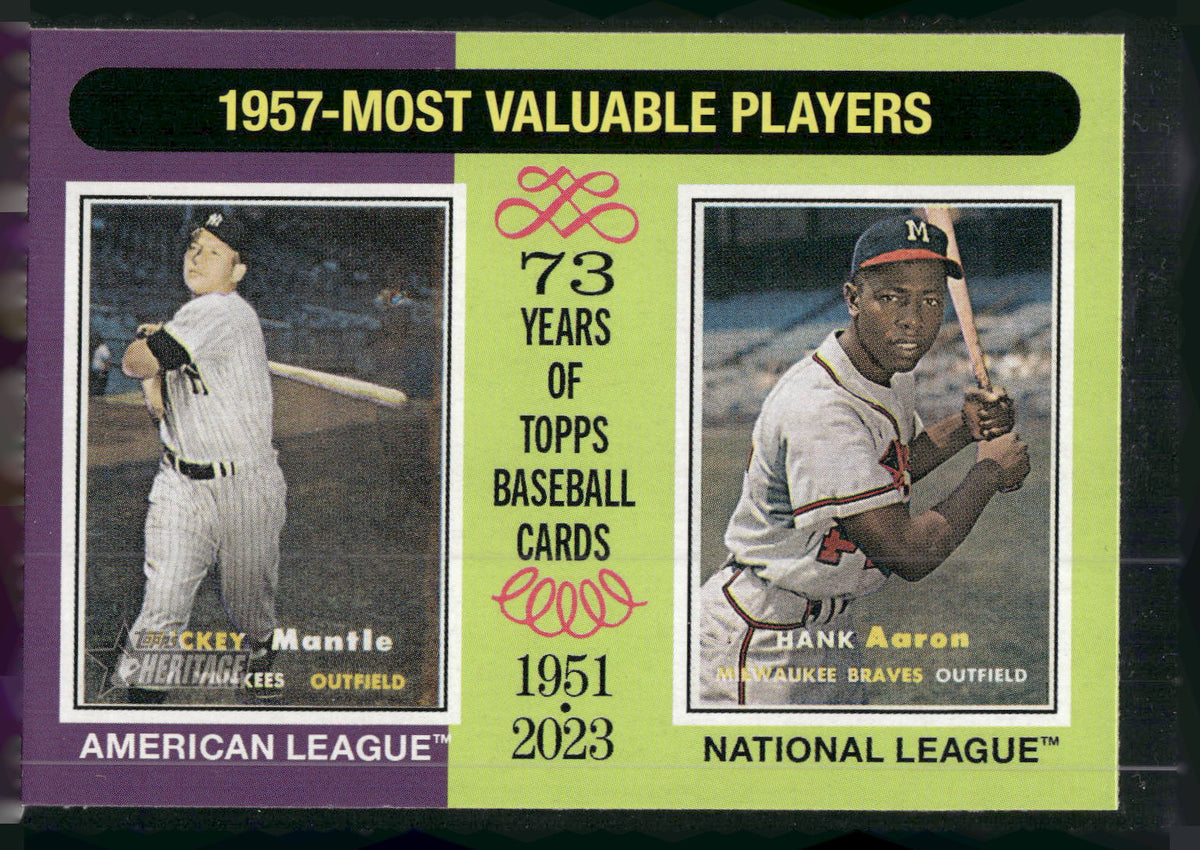 2024 Topps Heritage #190 1957 MVPs (Mickey Mantle / Hank Aaron)