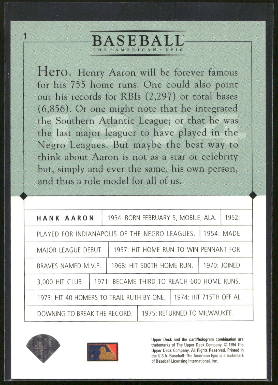 1994 Upper Deck Baseball: The American Epic #1 Hank Aaron GM