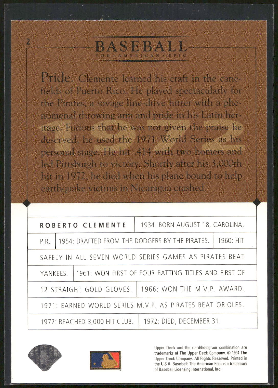 1994 Upper Deck Baseball: The American Epic #2 Roberto Clemente GM