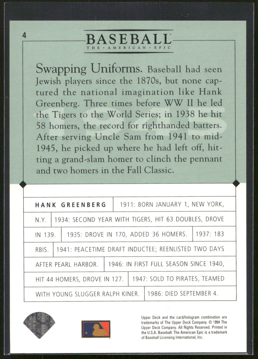 1994 Upper Deck Baseball: The American Epic #4 Hank Greenberg GM