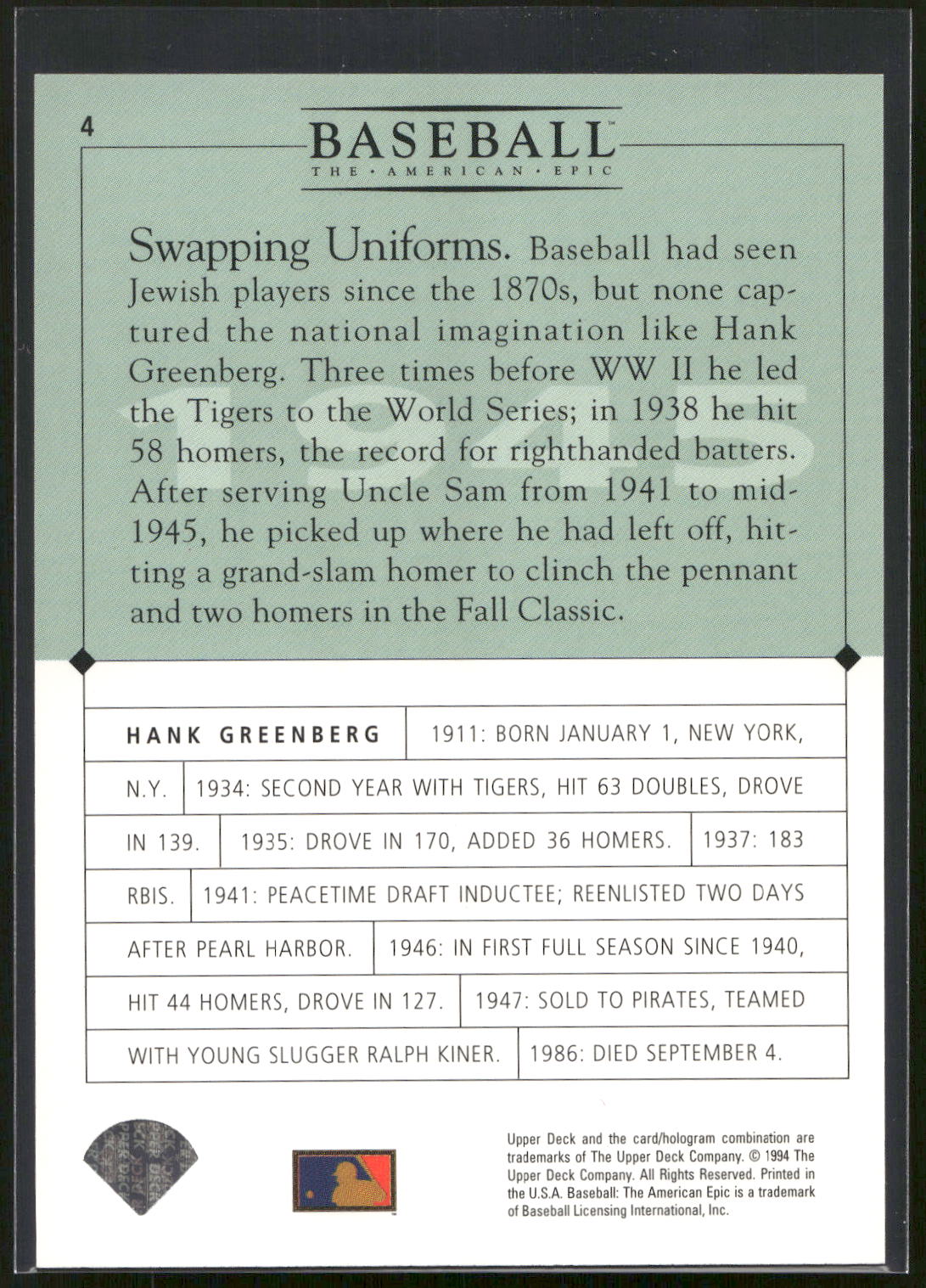 1994 Upper Deck Baseball: The American Epic #4 Hank Greenberg GM