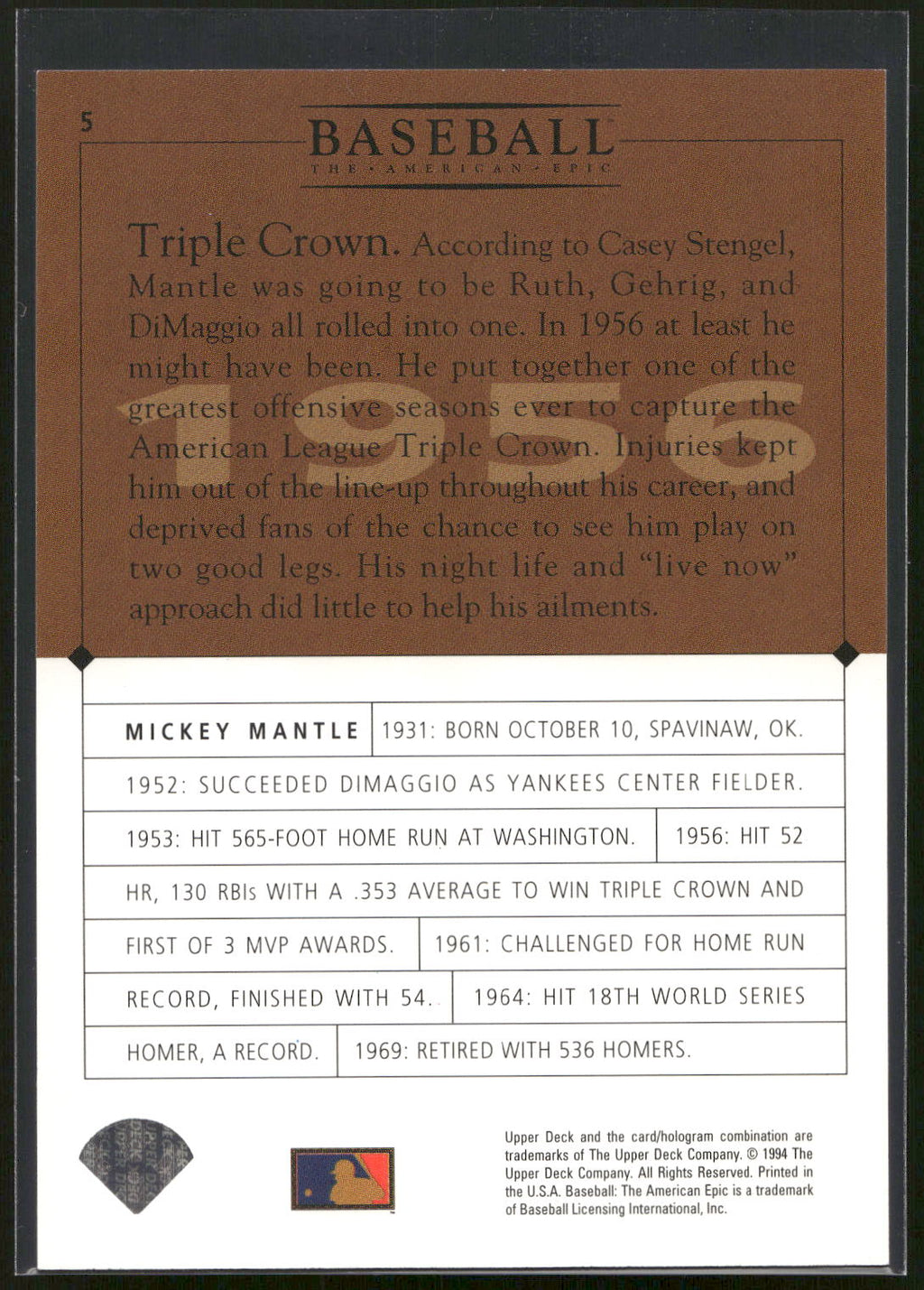 1994 Upper Deck Baseball: The American Epic #5 Mickey Mantle GM
