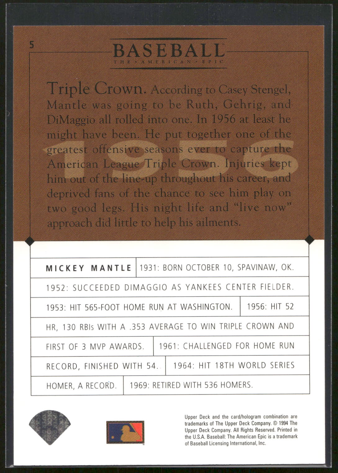 1994 Upper Deck Baseball: The American Epic #5 Mickey Mantle GM
