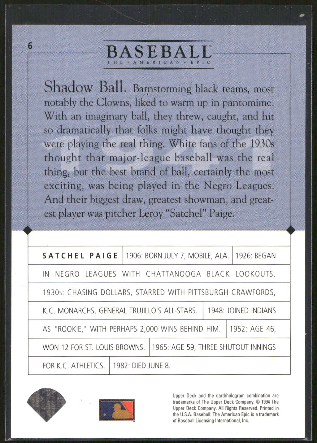 1994 Upper Deck Baseball: The American Epic #6 Satchel Paige GM