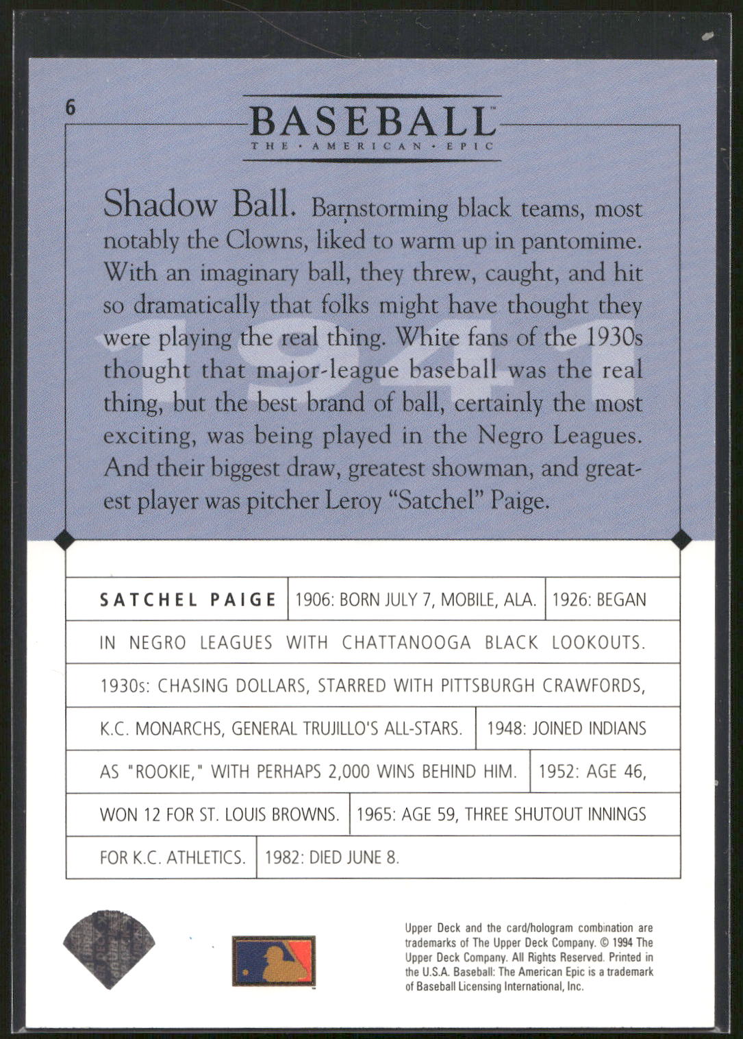 1994 Upper Deck Baseball: The American Epic #6 Satchel Paige GM