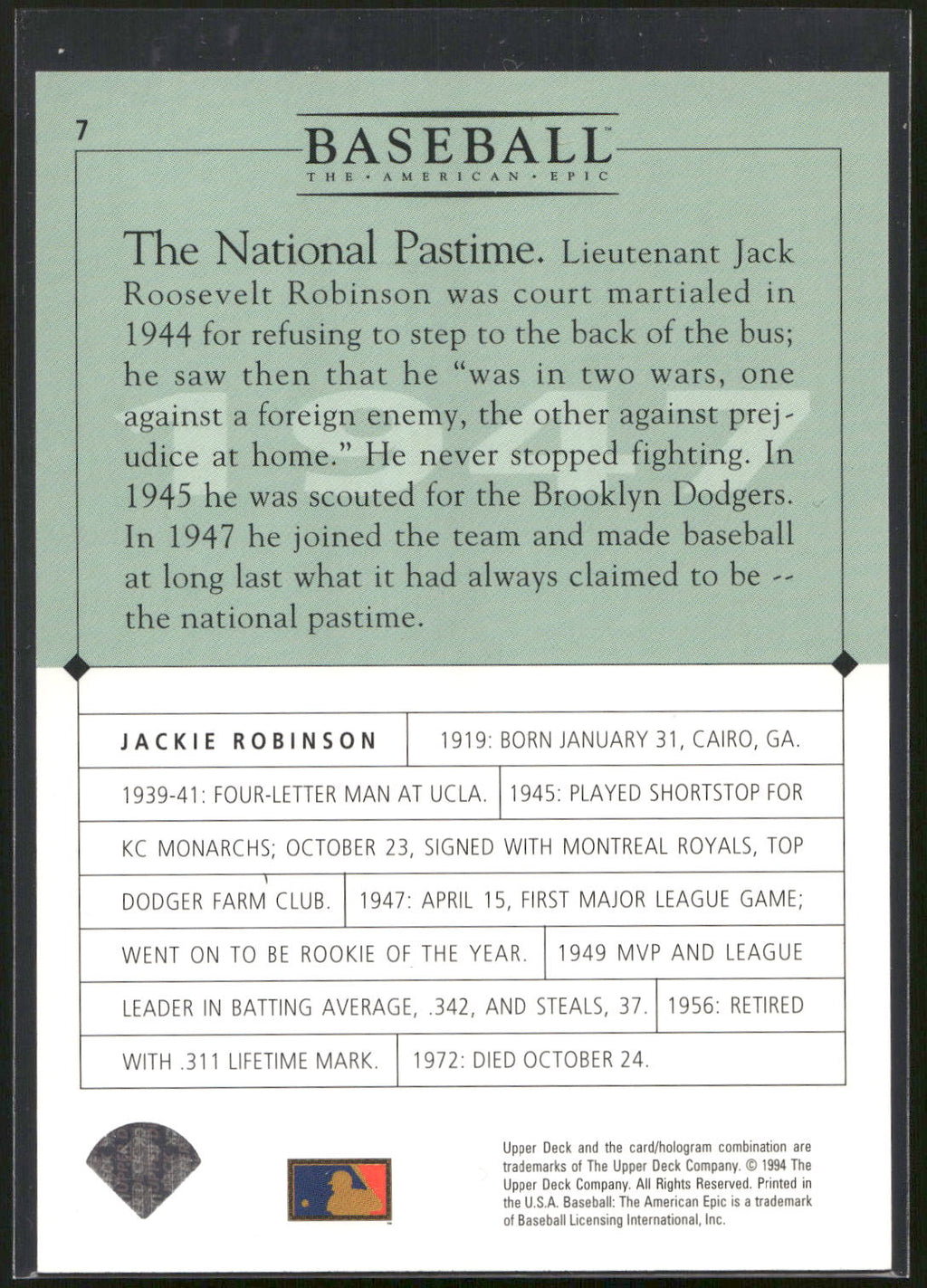 1994 Upper Deck Baseball: The American Epic #7 Jackie Robinson GM