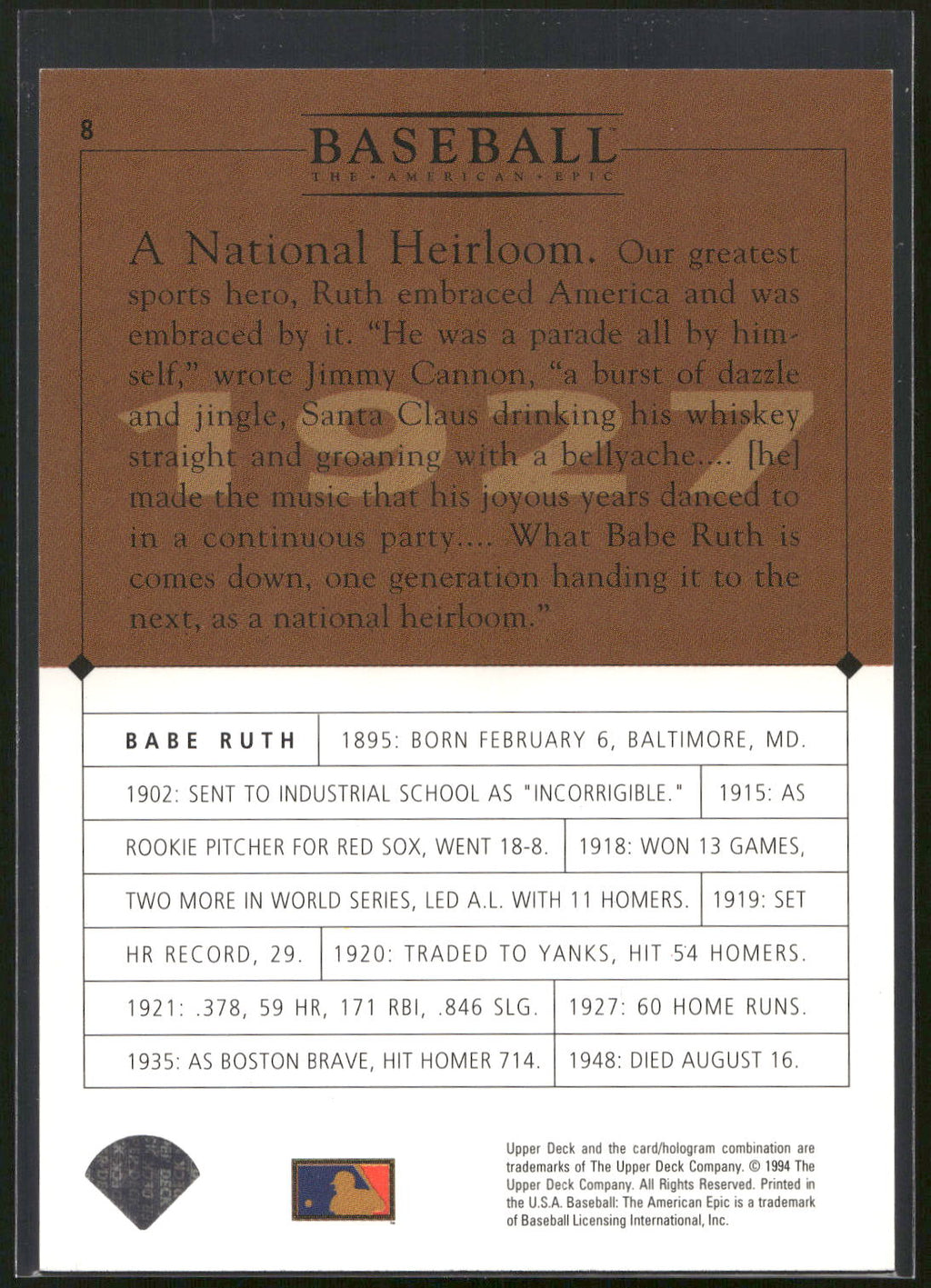 1994 Upper Deck Baseball: The American Epic #8 Babe Ruth GM