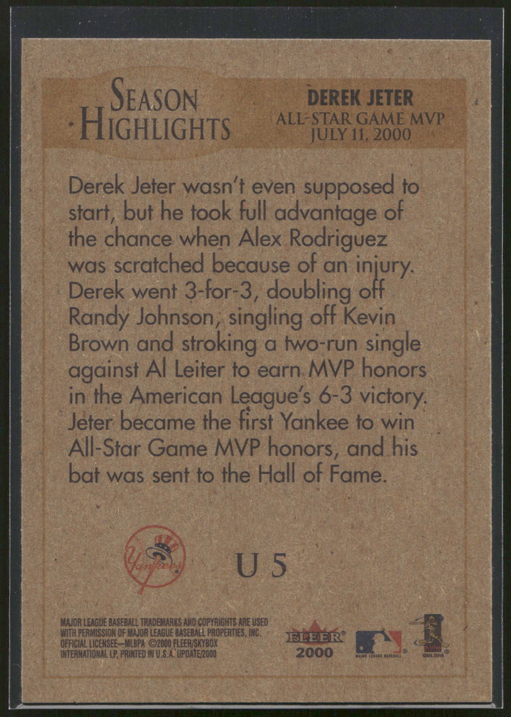 2000 Fleer Tradition Update #U5 Derek Jeter