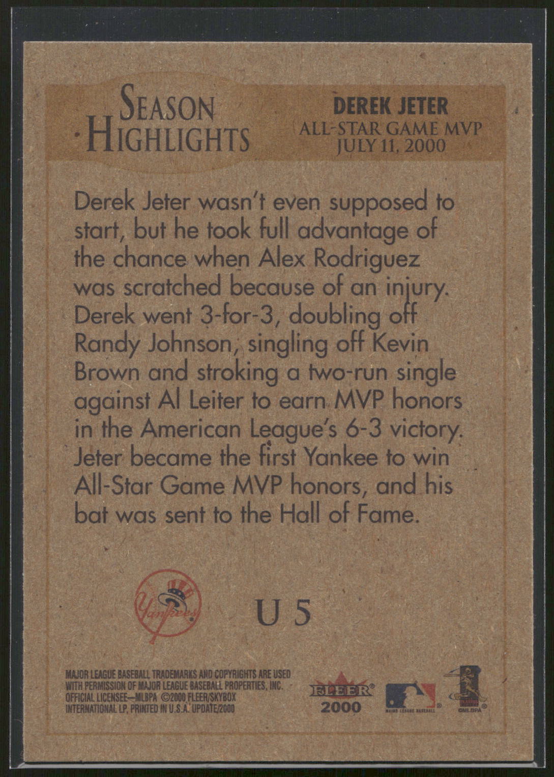 2000 Fleer Tradition Update #U5 Derek Jeter