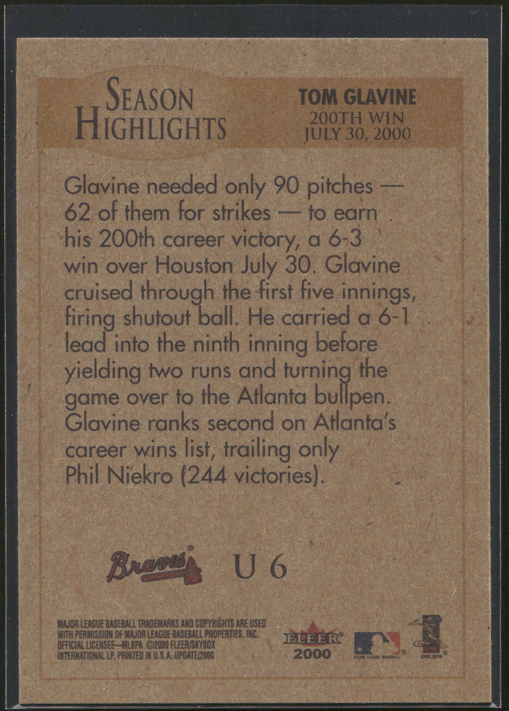2000 Fleer Tradition Update #U6 Tom Glavine