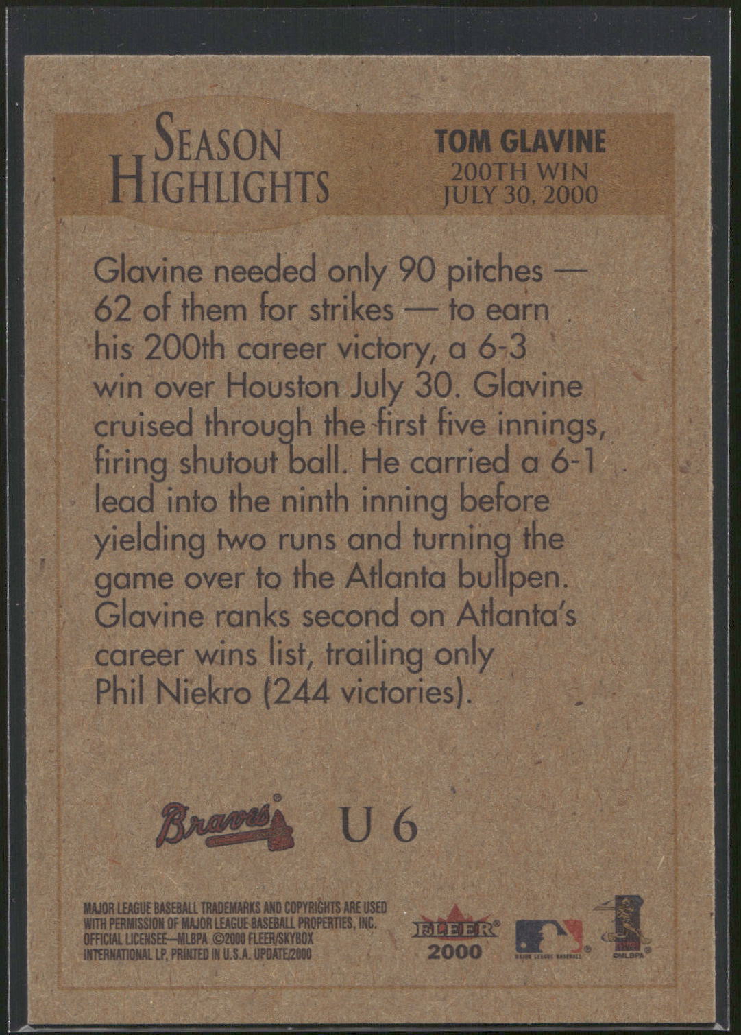 2000 Fleer Tradition Update #U6 Tom Glavine