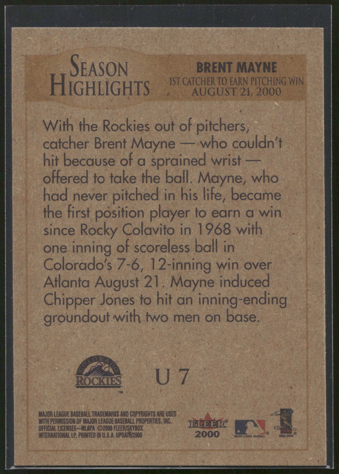 2000 Fleer Tradition Update #U7 Brent Mayne
