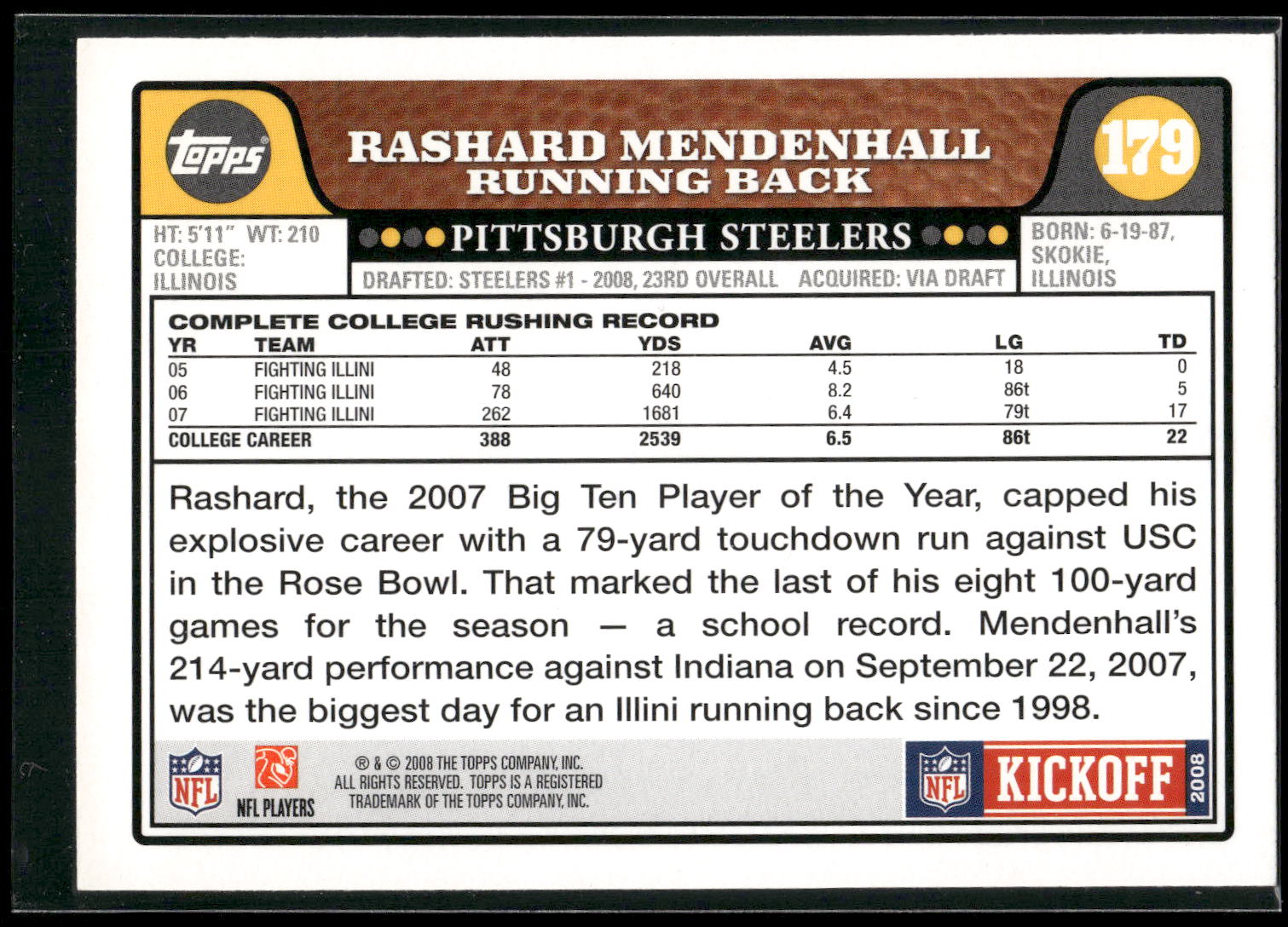2008 Topps #347 Rashard Mendenhall