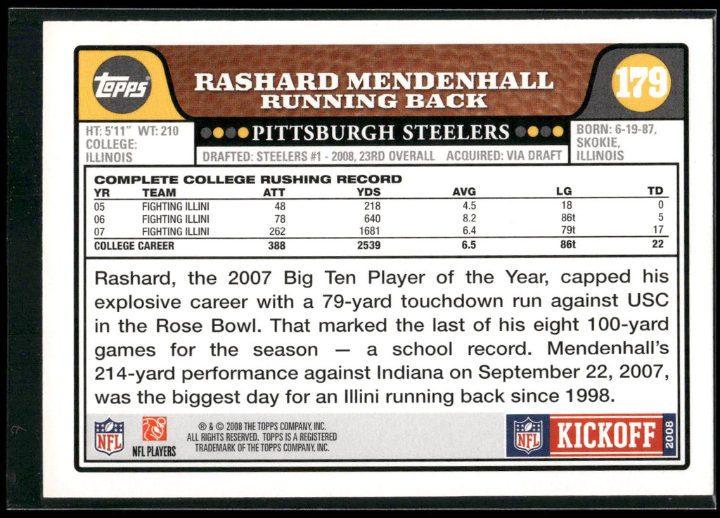 2008 Topps #347 Rashard Mendenhall