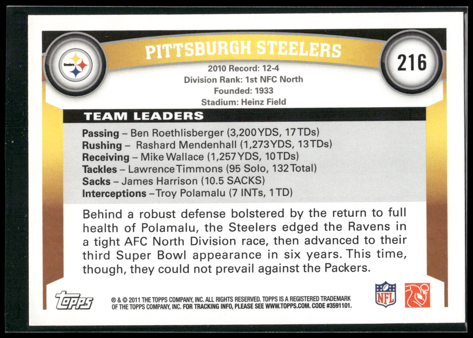 2011 Topps #216 Pittsburgh Steelers