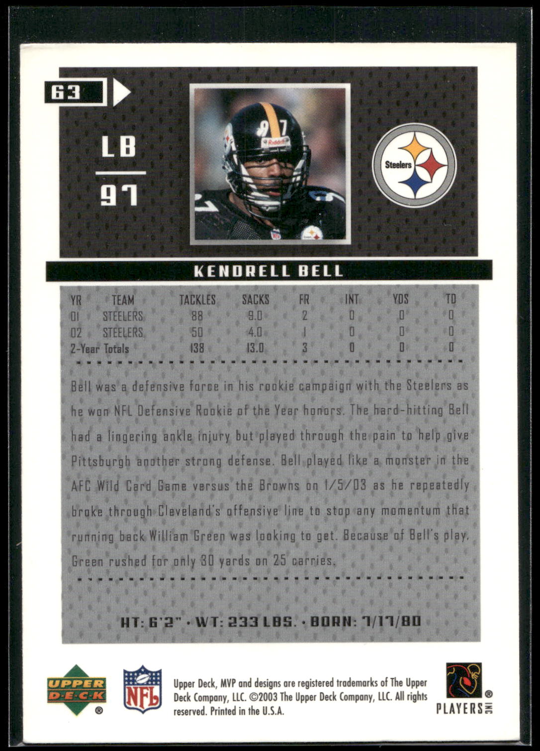 2003 Upper Deck MVP #63 Kendrell Bell
