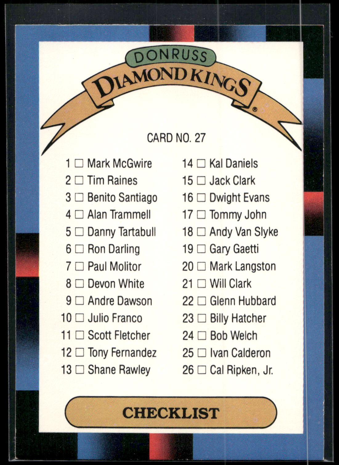 1988 Donruss #27 Diamond Kings Checklist 1-26