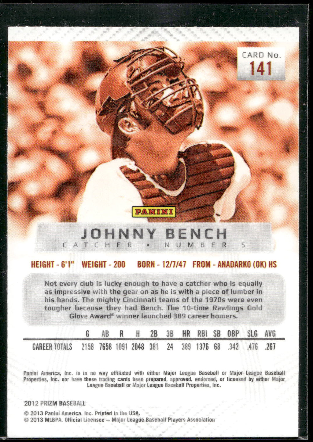 2012 Panini Prizm #141 Johnny Bench