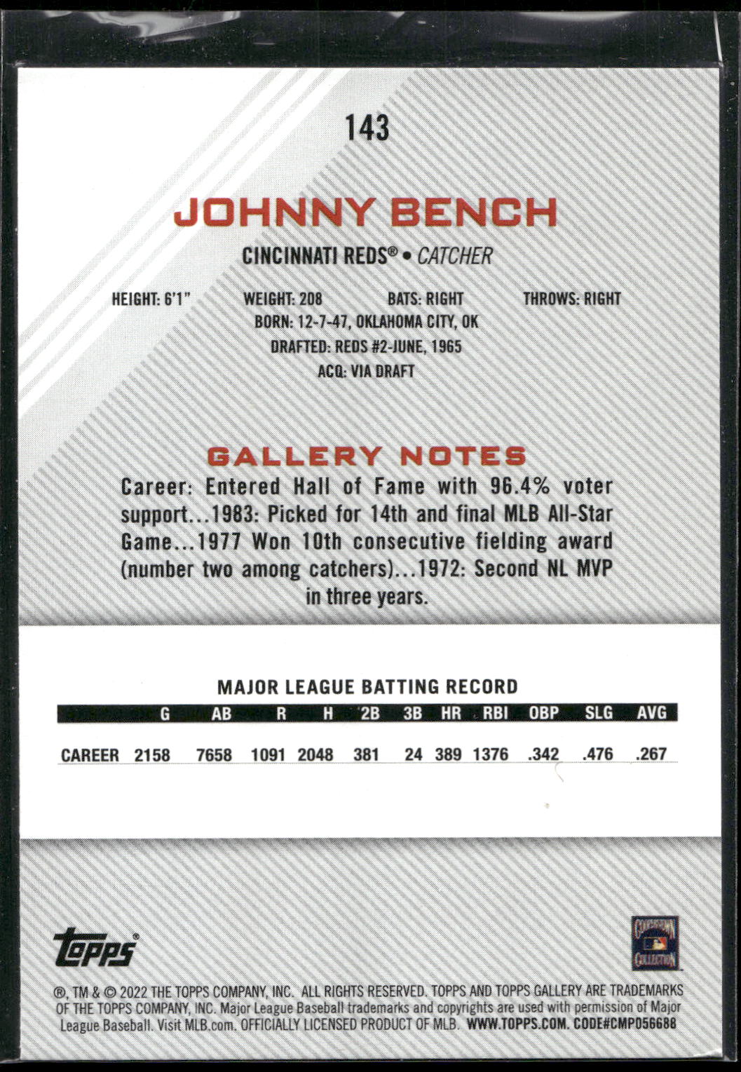 2022 Topps Gallery #143 Johnny Bench