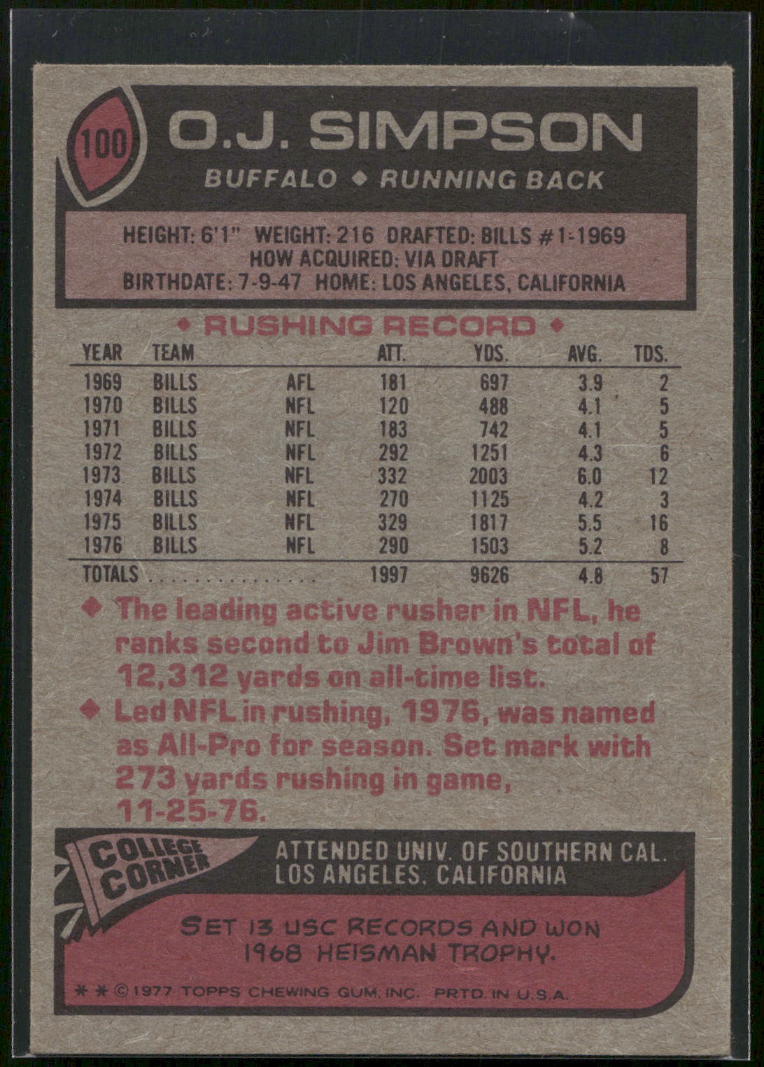 1977 Topps #100 O.J. Simpson