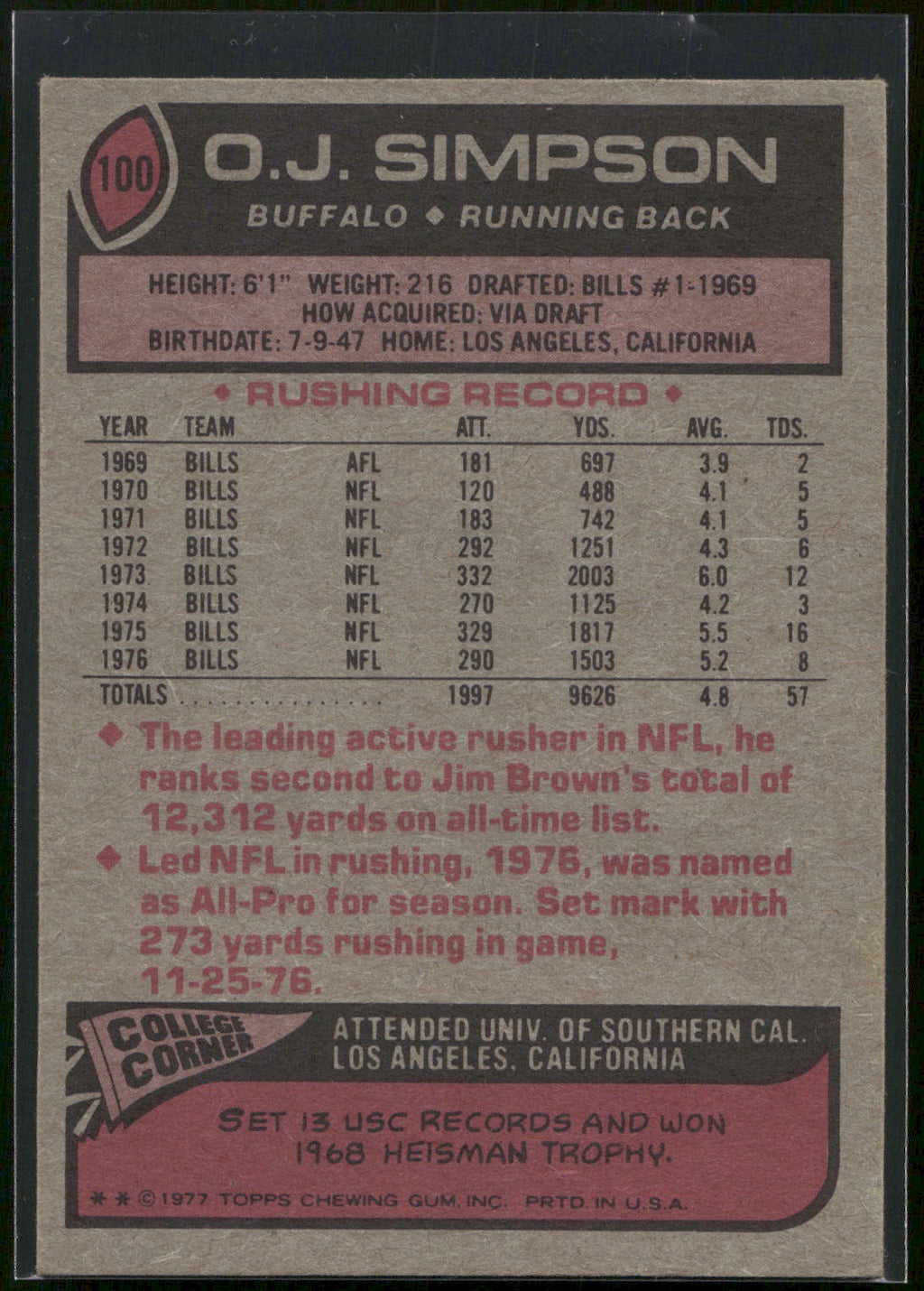 1977 Topps #100 O.J. Simpson