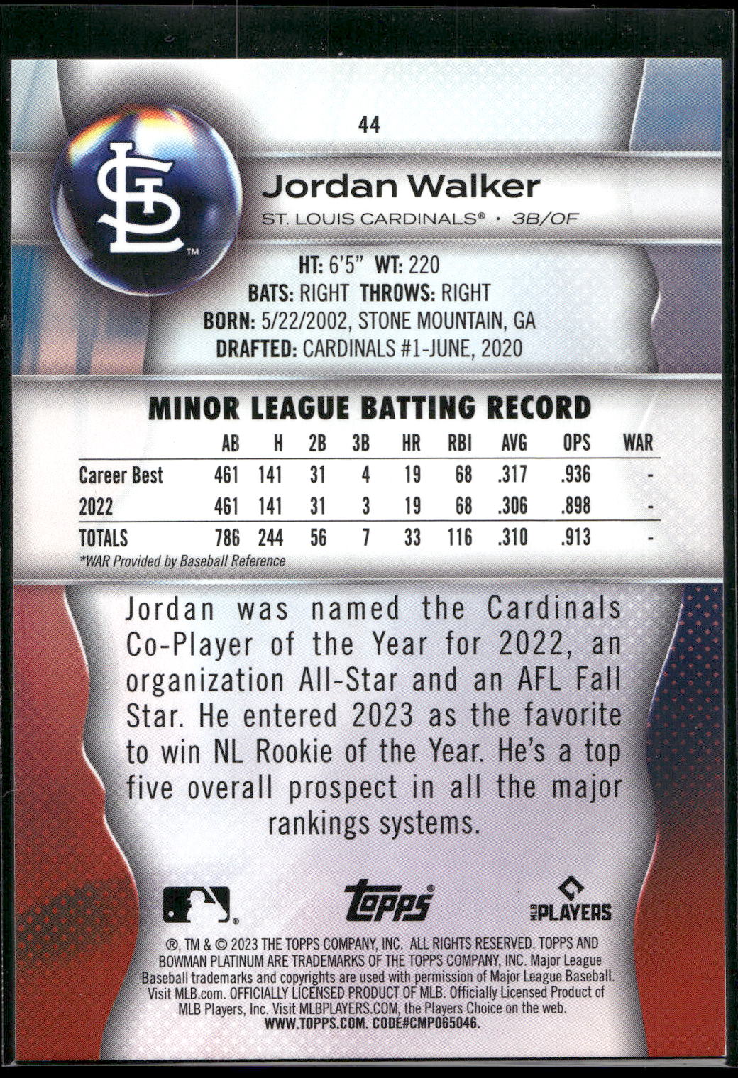 2023 Bowman Platinum #44 Jordan Walker