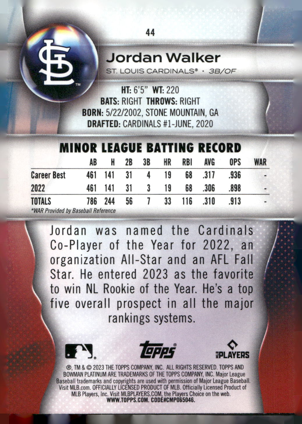 2023 Bowman Platinum #44 Jordan Walker