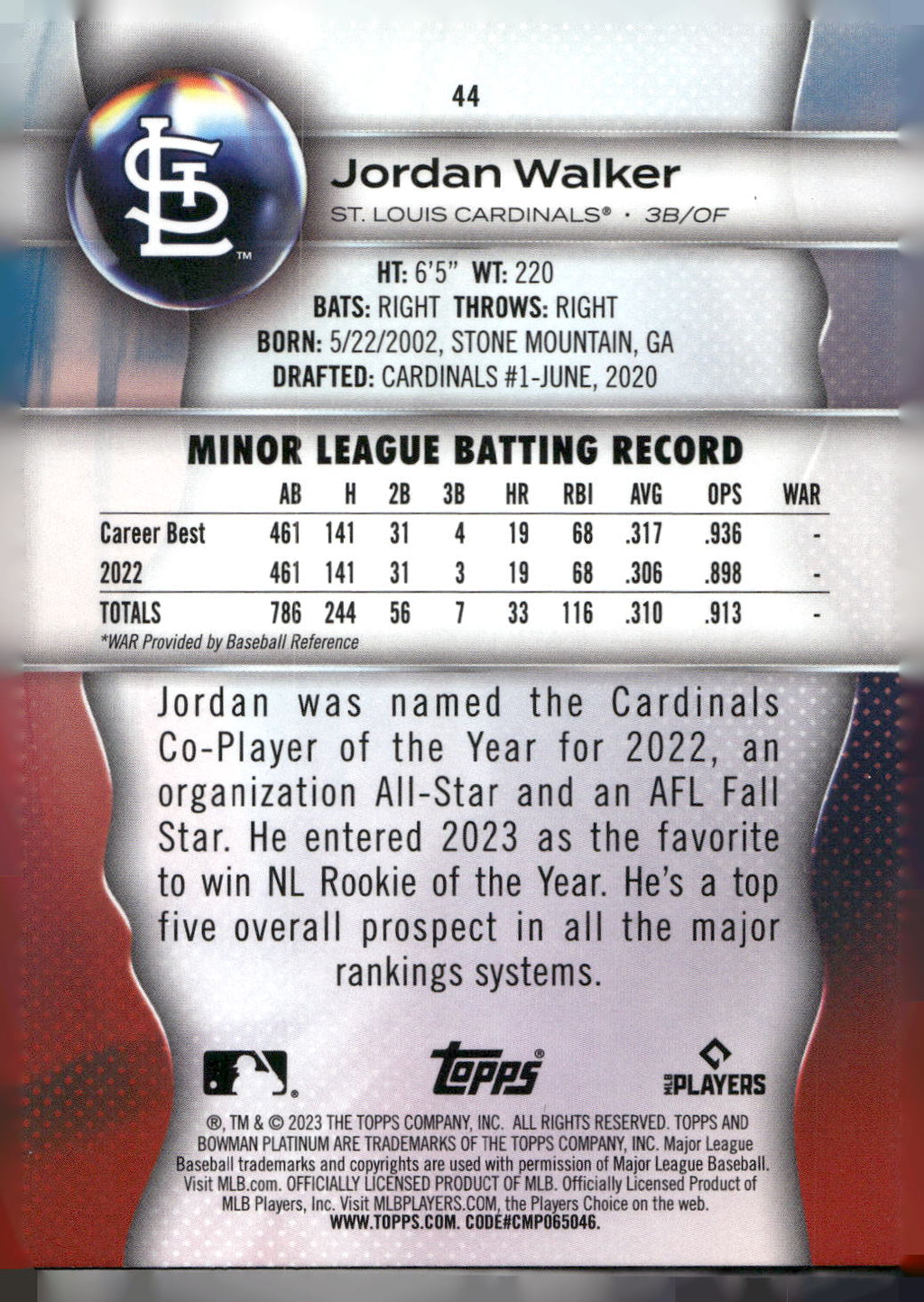 2023 Bowman Platinum #44 Jordan Walker