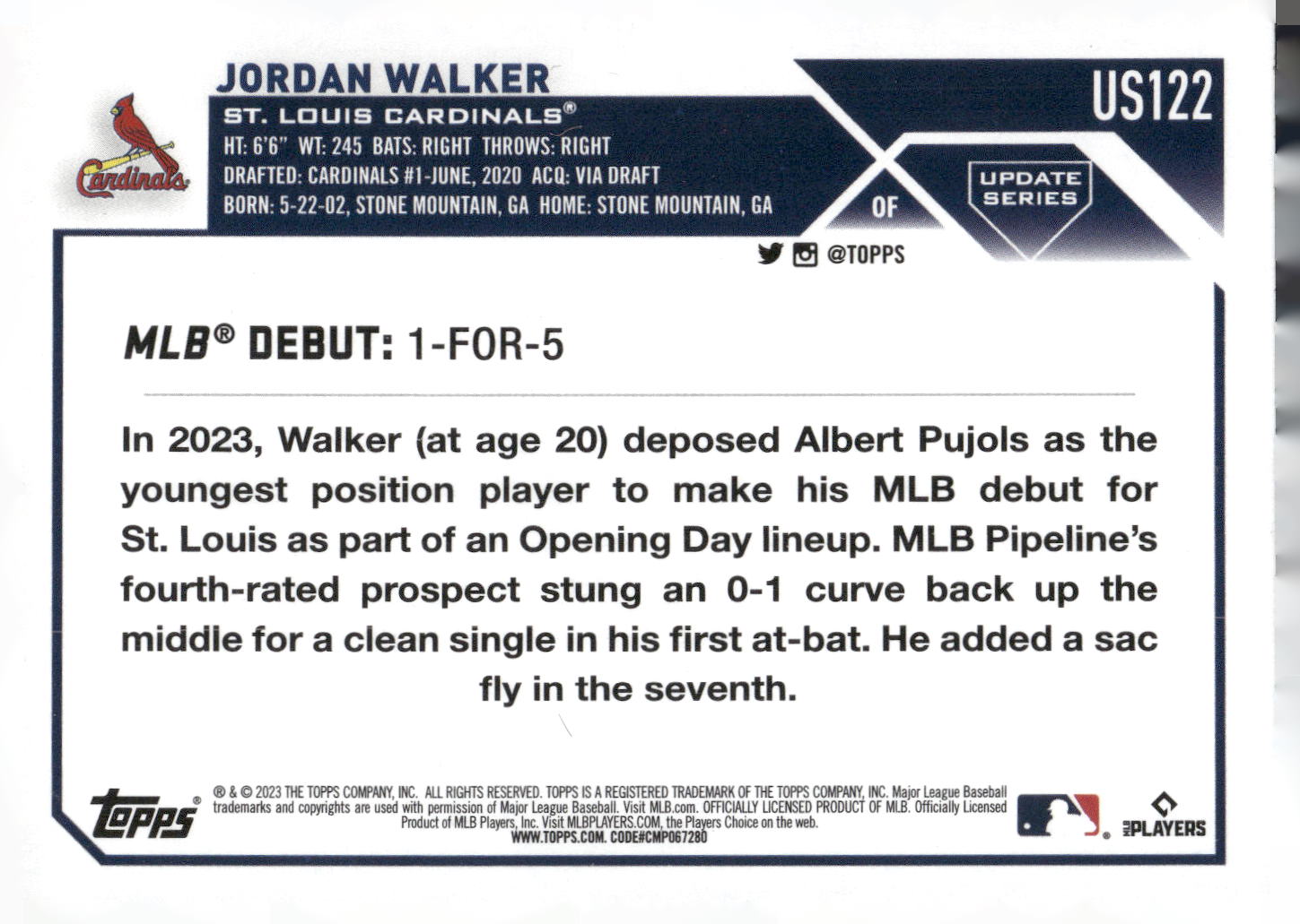 2023 Topps Update #US122 Jordan Walker