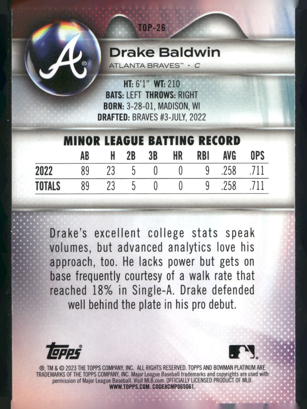 2023 Bowman Platinum #TOP-26 Drake Baldwin Top Prospects