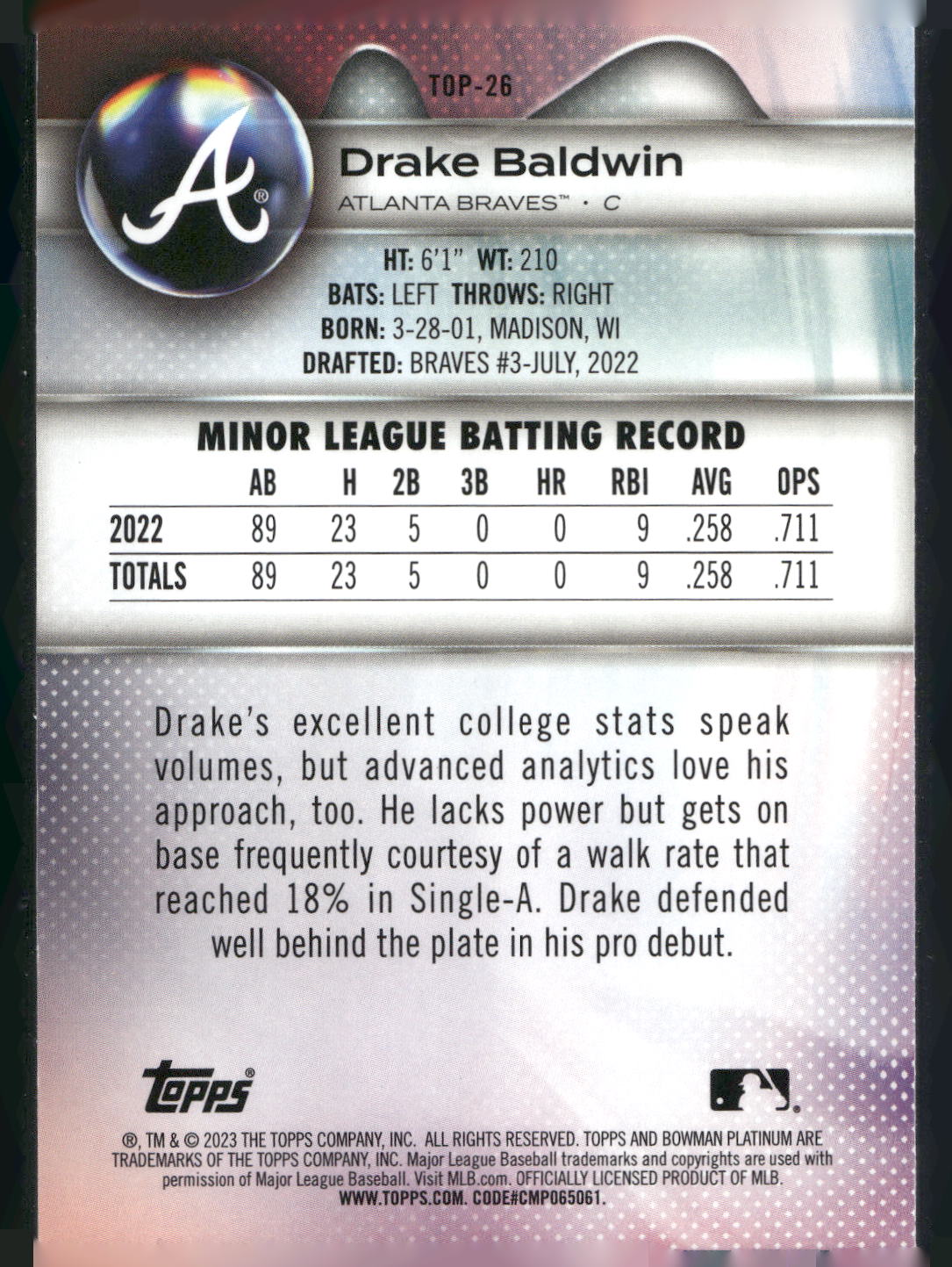 2023 Bowman Platinum #TOP-26 Drake Baldwin Top Prospects