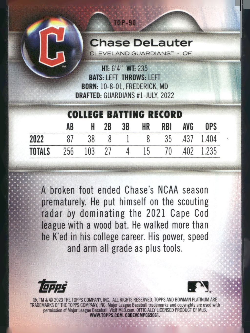 2023 Bowman Platinum #TOP-90 Chase DeLauter Top Prospects