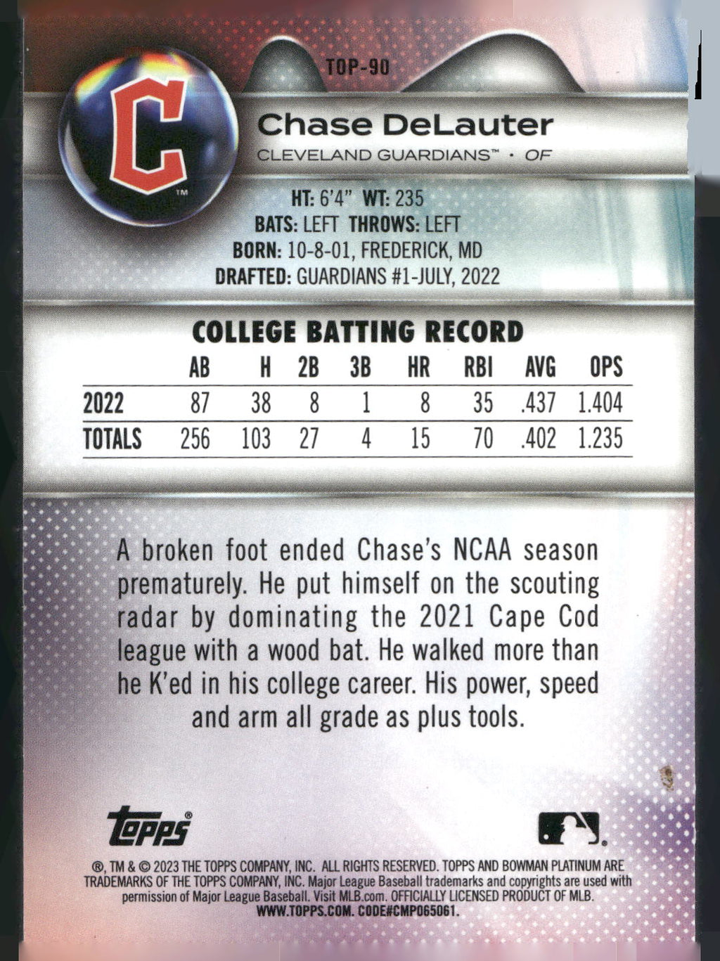 2023 Bowman Platinum #TOP-90 Chase DeLauter Top Prospects