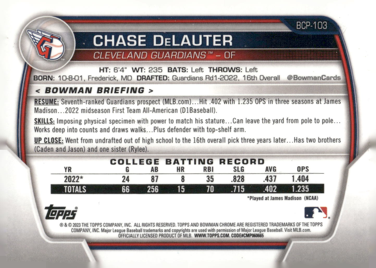 2023 Bowman #BCP-103 Chase DeLauter Chrome Prospects