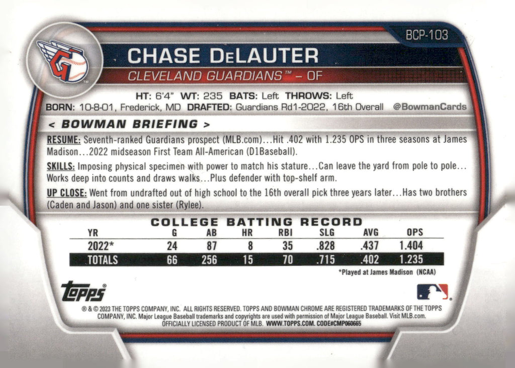 2023 Bowman #BCP-103 Chase DeLauter Chrome Prospects