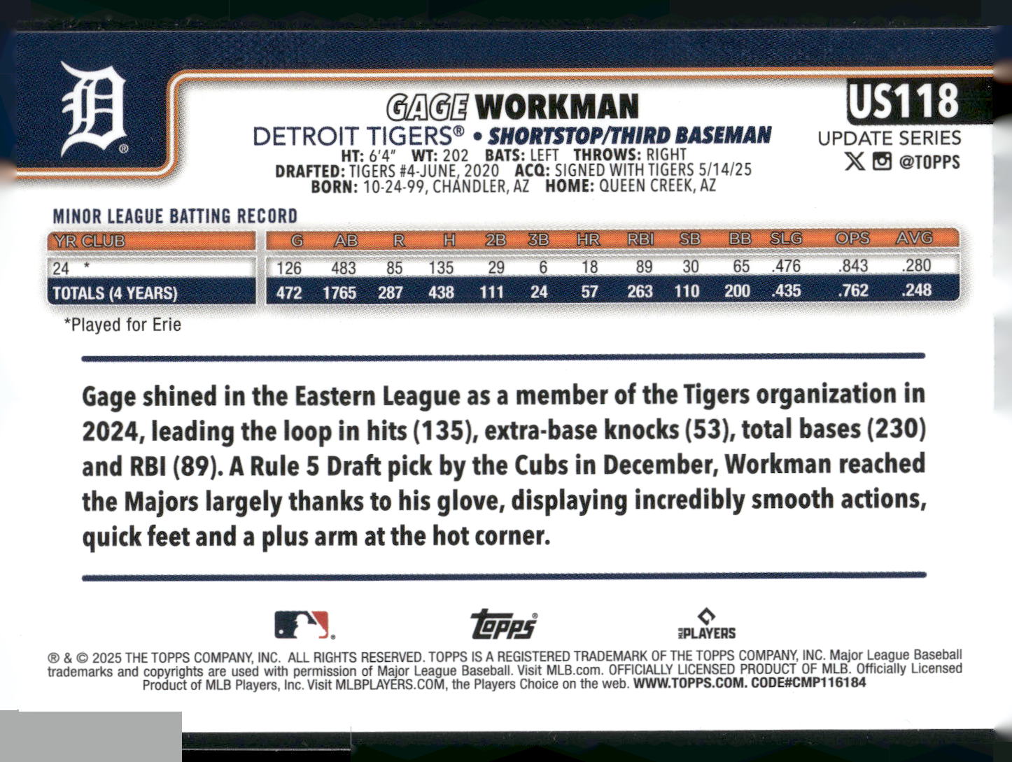 2025 Topps Update #US118 Gage Workman